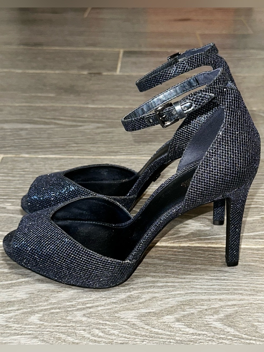 Michael Kors Cambria Open Toe Ankle Strap Metallic Heels Navy Womens 10M Glitter - Picture 2 of 10